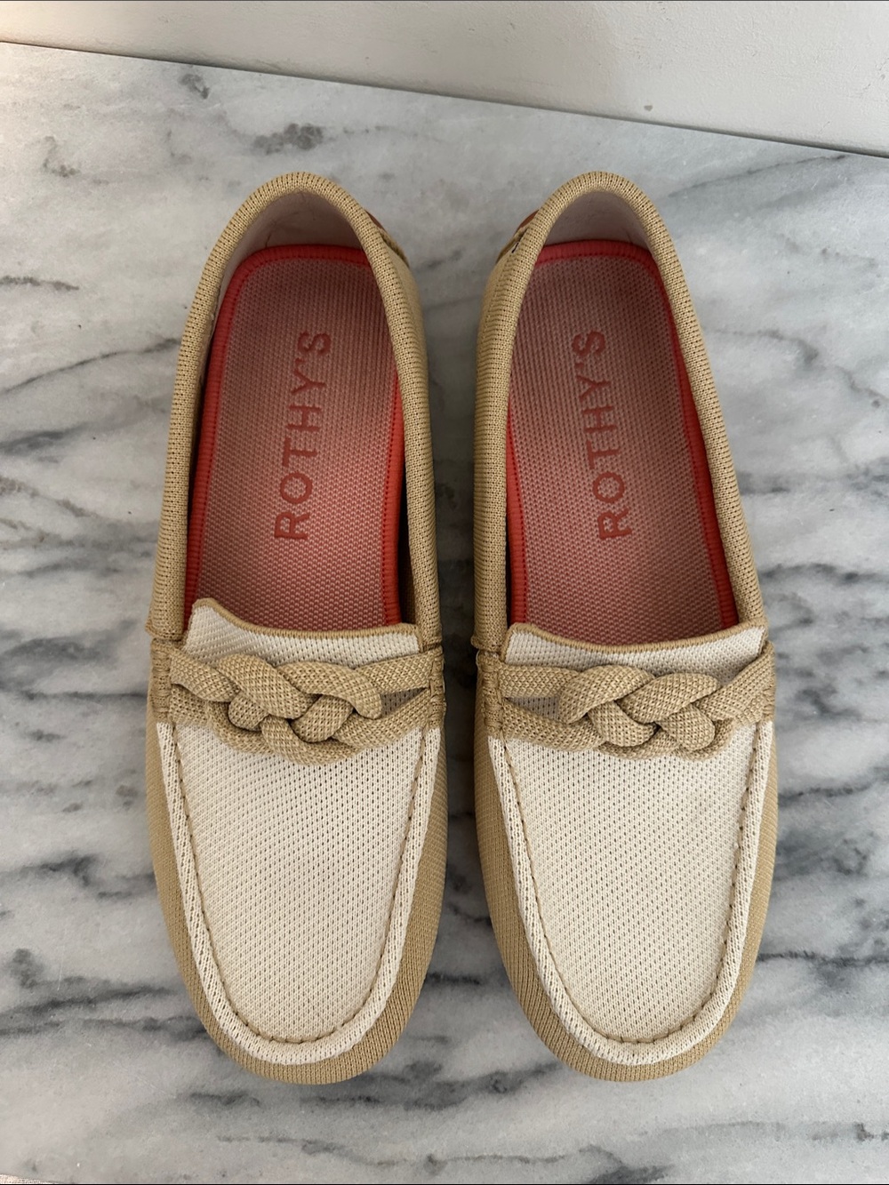 Rothy's Braided Slip-On Loafers in Cream and Tan with Coral Insoles sz 9.5 women